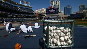 SAN DIEGO, CA - MARCH 29: San Diego Padres stretch during batting practice before Opening Day between the Milwaukee Brewers and the San Diego Padres at PETCO Park on March 29, 2018 in San Diego, California. (Photo by Denis Poroy/Getty Images)