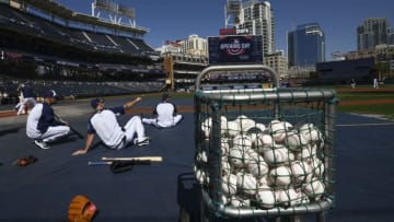 SAN DIEGO, CA - MARCH 29: San Diego Padres stretch during batting practice before Opening Day between the Milwaukee Brewers and the San Diego Padres at PETCO Park on March 29, 2018 in San Diego, California. (Photo by Denis Poroy/Getty Images)