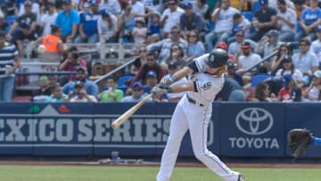 MONTERREY, MEXICO - MAY 06: Center fielder Travis Jankowski #16 of San Diego Padres hits the ball in the third inning during the MLB game against the Los Angeles Dodgers at Estadio de Beisbol Monterrey on May 6, 2018 in Monterrey, Mexico. Padres defeated Dodgers 3-0. (Photo by Azael Rodriguez/Getty Images)