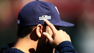 OAKLAND, CALIFORNIA - OCTOBER 02: Tommy Pham #29 of the Tampa Bay Rays points to the Post Season logo on his hat before their game against the Oakland Athletics in the American League Wild Card game at Oakland-Alameda County Coliseum on October 02, 2019 in Oakland, California. (Photo by Ezra Shaw/Getty Images)