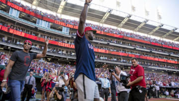 CLEVELAND, OH - OCTOBER 7: LeBron James #23 of the Cleveland Cavaliers is introduced before game two of the American League Division Series between the Boston Red Sox and the Cleveland Indians on October 7, 2016 at Progressive Field in Cleveland, Ohio. (Photo by Billie Weiss/Boston Red Sox/Getty Images)