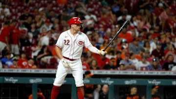 CINCINNATI, OH - JULY 29: Brandon Drury #22 of the Cincinnati Reds bats during the game against the Baltimore Orioles at Great American Ball Park on July 29, 2022 in Cincinnati, Ohio. Baltimore defeated Cincinnati 6-2. (Photo by Kirk Irwin/Getty Images)