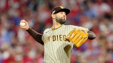 PHILADELPHIA, PENNSYLVANIA - OCTOBER 22: Nick Martinez #21 of the San Diego Padres pitches during the first inning against the Philadelphia Phillies in game four of the National League Championship Series at Citizens Bank Park on October 22, 2022 in Philadelphia, Pennsylvania. (Photo by Michael Reaves/Getty Images)