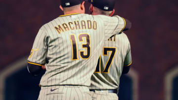 Aug 29, 2022; San Francisco, California, USA; San Diego Padres third baseman Manny Machado (13) puts his arm around first baseman Brandon Drury (17) after a win against the San Francisco Giants at Oracle Park. Mandatory Credit: Kelley L Cox-USA TODAY Sports