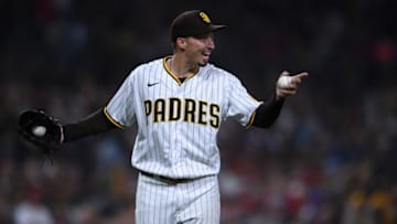 Sep 7, 2021; San Diego, California, USA; San Diego Padres starting pitcher Blake Snell (4) reacts from the mound during the seventh inning against the Los Angeles Angels at Petco Park. Mandatory Credit: Orlando Ramirez-USA TODAY Sports
