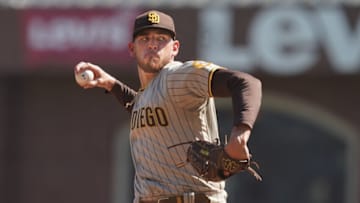 Oct 2, 2021; San Francisco, California, USA; San Diego Padres starting pitcher Joe Musgrove (44) throws a pitch during the second inning against the San Francisco Giants at Oracle Park. Mandatory Credit: Darren Yamashita-USA TODAY Sports