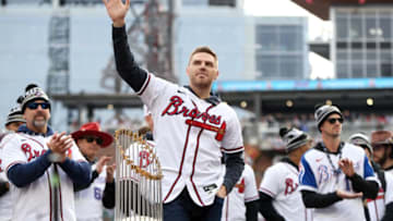 Nov 5, 2021; Atlanta, GA, USA; Atlanta Braves first baseman Freddie Freeman waves to the crowd during the World Series championship rally at Truist Park. Mandatory Credit: Brett Davis-USA TODAY Sports