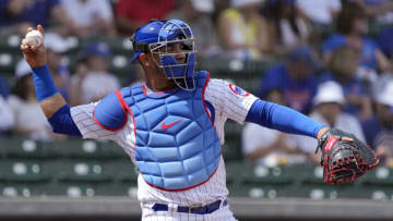 Mar 19, 2022; Mesa, Arizona, USA; Chicago Cubs catcher Willson Contreras (40) throws to secondbase in the first inning during a spring training game against the San Diego Padres at Sloan Park. Mandatory Credit: Rick Scuteri-USA TODAY Sports
