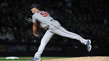 Apr 1, 2021; Milwaukee, Wisconsin, USA; Minnesota Twins relief pitcher Taylor Rogers (55) delivers a pitch against the Milwaukee Brewers in the eighth inning at American Family Field. Mandatory Credit: Michael McLoone-USA TODAY Sports