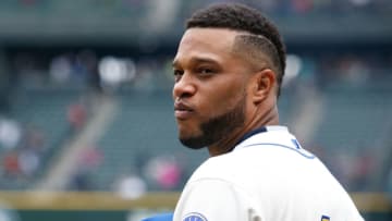 Apr 15, 2018; Seattle, WA, USA; Seattle Mariners second baseman Robinson Cano wears the number of Jackie Robinson before the start of a game against the Oakland Athletics at Safeco Field. Mandatory Credit: Jennifer Buchanan-USA TODAY Sports