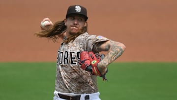 Sep 13, 2020; San Diego, California, USA; San Diego Padres starting pitcher Mike Clevinger (52) pitches during the first inning against the San Francisco Giants at Petco Park. Mandatory Credit: Orlando Ramirez-USA TODAY Sports