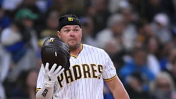 Apr 22, 2022; San Diego, California, USA; San Diego Padres designated hitter Luke Voit (45) looks on during an at-bat in the second inning against the Los Angeles Dodgers at Petco Park. Mandatory Credit: Orlando Ramirez-USA TODAY Sports