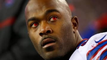 Nov 23, 2015; Foxborough, MA, USA; Buffalo Bills defensive end Mario Williams (94) looks on with red contact lenses from the bench during the first half against the New England Patriots at Gillette Stadium. Mandatory Credit: Winslow Townson-USA TODAY Sports