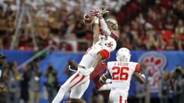 Dec 31, 2015; Atlanta, GA, USA; Houston Cougars cornerback William Jackson III (3) breaks up a pass intended for Florida State Seminoles wide receiver Travis Rudolph (15) in the third quarter in the 2015 Chick-fil-A Peach Bowl at the Georgia Dome. The Cougars won 38-24. Mandatory Credit: Brett Davis-USA TODAY Sports