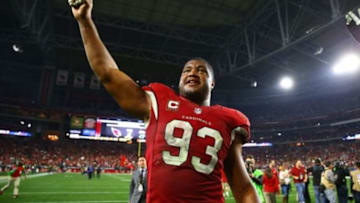Jan 16, 2016; Glendale, AZ, USA; Arizona Cardinals defensive end Calais Campbell (93) reacts as he celebrates following the game against the Green Bay Packers during an NFC Divisional round playoff game at University of Phoenix Stadium. Mandatory Credit: Mark J. Rebilas-USA TODAY Sports