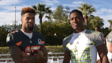 Jan 23, 2015; Phoenix, AZ, USA; New York Giants receiver Odell Beckham (13) and Pittsburgh Steelers receiver Antonio Brown (84) pose during team photos for the 2015 Pro Bowl at The Arizona Biltmore. Mandatory Credit: Kirby Lee-USA TODAY Sports