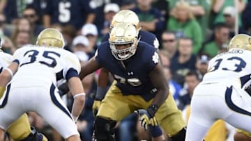 Sep 19, 2015; South Bend, IN, USA; Notre Dame Fighting Irish offensive lineman Ronnie Stanley (78) prepares to block Georgia Tech Yellow Jackets linebacker Tyler Marcordes (35) at Notre Dame Stadium. Mandatory Credit: RVR Photos-USA TODAY Sports