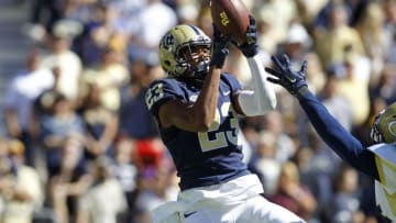 Oct 17, 2015; Atlanta, GA, USA; Pittsburgh Panthers wide receiver Tyler Boyd (23) catches a touchdown pass against the Georgia Tech Yellow Jackets in the second quarter at Bobby Dodd Stadium. Mandatory Credit: Brett Davis-USA TODAY Sports