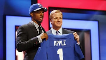 Apr 28, 2016; Chicago, IL, USA; Eli Apple (Ohio State) with NFL commissioner Roger Goodell after being selected by the New York Giants as the number ten overall pick in the first round of the 2016 NFL Draft at Auditorium Theatre. Mandatory Credit: Kamil Krzaczynski-USA TODAY Sports