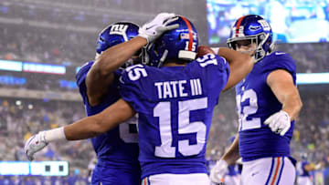 EAST RUTHERFORD, NEW JERSEY - DECEMBER 29: Golden Tate #15 of the New York Giants celebrates with his teammates after scoring a touchdown against the Philadelphia Eagles during the third quarter in the game at MetLife Stadium on December 29, 2019 in East Rutherford, New Jersey. (Photo by Steven Ryan/Getty Images)