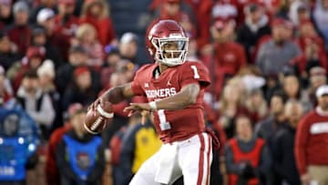 NORMAN, OK - NOVEMBER 10: Quarterback Kyler Murray #1 of the Oklahoma Sooners looks to throw against the Oklahoma State Cowboys at Gaylord Family Oklahoma Memorial Stadium on November 10, 2018 in Norman, Oklahoma. Oklahoma defeated Oklahoma State 48-47. (Photo by Brett Deering/Getty Images)