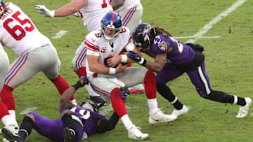 Quarterback Daniel Jones #8 of the New York Giants is sacked (Photo by Rob Carr/Getty Images)