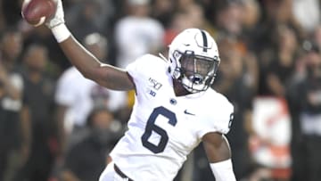 COLLEGE PARK, MD - SEPTEMBER 27: Cam Brown #6 of the Penn State Nittany Lions scores a touchdown during a college football game against the Maryland Terrapins at Capital One Field at Maryland Stadium on September 27, 2019 in College Park, Maryland. (Photo by Mitchell Layton/Getty Images)