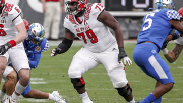 JACKSONVILLE, FL - JANUARY 2: Tackle Ikem "Ickey" Ekwonu #79 of the North Carolina State Wolfpack during the game against the University of Kentucky Wildcats at the 76th annual TaxSlayer Gator Bowl at TIAA Bank Field on January 2, 2021 in Jacksonvile, Florida. The Wildcats defeated the Wolfpack 23 to 21. (Photo by Don Juan Moore/Getty Images)