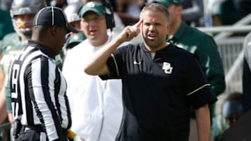 WACO, TX - OCTOBER 28: Head coach Matt Rhule of the Baylor Bears looks on as Baylor plays the Texas Longhorns in the first half at McLane Stadium on October 28, 2017 in Waco, Texas. Texas won 38-7. (Photo by Ron Jenkins/Getty Images)