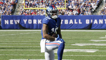 EAST RUTHERFORD, NEW JERSEY - SEPTEMBER 26: (NEW YORK DAILIES OUT) Kenny Golladay #19 of the New York Giants in action against the Atlanta Falcons at MetLife Stadium on September 26, 2021 in East Rutherford, New Jersey. The Falcons defeated the Giants 17-14. (Photo by Jim McIsaac/Getty Images)