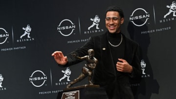 NEW YORK, NEW YORK - DECEMBER 11: The 2021 Heisman Trophy Winner quarterback Bryce Young from Alabama speaks at the 2021 Heisman Trophy Winners press conference at the at Marriott Marquis Hotel on December 11, 2021 in New York City. (Photo by Bryan Bedder/Getty Images)