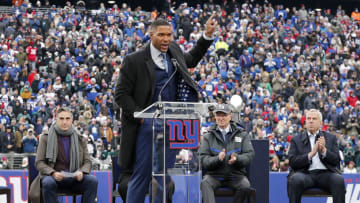 EAST RUTHERFORD, NEW JERSEY - NOVEMBER 28: (NEW YORK DAILIES OUT) Former New York Giant Michael Strahan speaks during his jersey retirement ceremony during halftime of a game against the Philadelphia Eagles at MetLife Stadium on Sunday, Nov. 28, 2021 in East Rutherford, New Jersey. The Giants defeated the eagles 13-7. (Photo by Jim McIsaac/Getty Images)