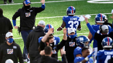 New York Giants head coach Joe Judge (far left) wins his first game as head coach over the Washington Football Team, 20-19, at MetLife Stadium on Sunday, Oct. 18, 2020, in East Rutherford.Nyg Vs Was