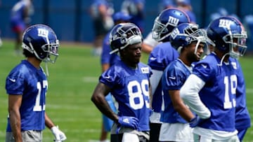 New York Giants wide receivers, including rookie Kadarius Toney (89) on the field for the first day of Giants minicamp at Quest Diagnostics Training Center on Tuesday, June 8, 2021, in East Rutherford.Nyg Minicamp