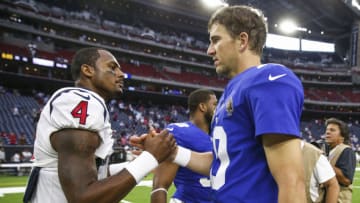 Sep 23, 2018; Houston, TX, USA; Houston Texans quarterback Deshaun Watson (4) shakes hands with New York Giants quarterback Eli Manning (10) after the game at NRG Stadium. Mandatory Credit: Troy Taormina-USA TODAY Sports