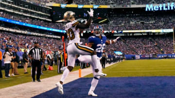 New Orleans Saints cornerback Ken Crawley (20) nearly picks off a pass intended for NY Giants running back Saquon Barkley (26) in the second half. The New Orleans Saints defeat the New York Giants 33-18 on Sunday, September 30, 2018 in East Rutherford, NJ.