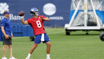 Giants. Quarterback Daniel Jones throws a pass in front of offensive coordinator Jason Garrett. Thursday, July 29, 2021Giants
