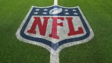 A detailed view of the NFL shield logo on the field at SoFi Stadium. Mandatory Credit: Kirby Lee-USA TODAY Sports