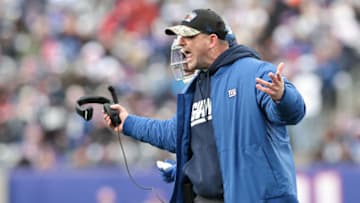 Dec 19, 2021; East Rutherford, New Jersey, USA; New York Giants head coach Joe Judge reacts during the second half against the Dallas Cowboys at MetLife Stadium. Mandatory Credit: Vincent Carchietta-USA TODAY Sports