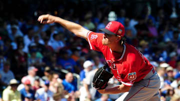 Mar 4, 2016; Mesa, AZ, USA; Los Angeles Angels starting pitcher Jered Weaver (36) throws during the first inning against the Chicago Cubs at Sloan Park. Mandatory Credit: Matt Kartozian-USA TODAY Sports