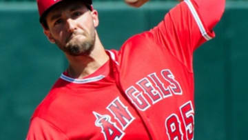 Mar 14, 2016; Tempe, AZ, USA; Los Angeles Angels starting pitcher Nate Smith (85) throws during the first inning against the Cincinnati Reds at Tempe Diablo Stadium. Mandatory Credit: Matt Kartozian-USA TODAY Sports