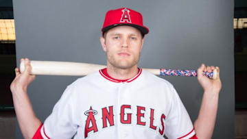 February 26, 2016; Tempe, AZ, USA; Los Angeles Angels center fielder Nick Buss (72) poses for a picture during photo day at Tempe Diablo Stadium. Mandatory Credit: Kyle Terada-USA TODAY Sports
