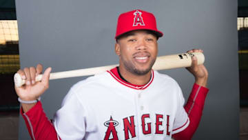 February 26, 2016; Tempe, AZ, USA; Los Angeles Angels second baseman Sherman Johnson (87) poses for a picture during photo day at Tempe Diablo Stadium. Mandatory Credit: Kyle Terada-USA TODAY Sports