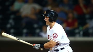 Oct. 9, 2014; Mesa, AZ, USA; Los Angeles Angels outfielder Cal Towey plays for the Mesa Solar Sox against the Salt River Rafters during an Arizona Fall League game at Cubs Park. Mandatory Credit: Mark J. Rebilas-USA TODAY Sports