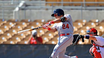 Oct 11, 2016; Glendale, AZ, USA; Los Angeles Angels outfielder Michael Hermosillo of the Scottsdale Scorpions against the Glendale Desert Dogs during an Arizona Fall League game at Camelback Ranch. Mandatory Credit: Mark J. Rebilas-USA TODAY Sports