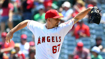 ANAHEIM, CA - AUGUST 12: Taylor Cole #67 of the Los Angeles Angels of Anaheim pitches in the first inning against the Oakland Athletics at Angel Stadium on August 12, 2018 in Anaheim, California. (Photo by Jayne Kamin-Oncea/Getty Images)