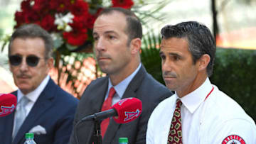 ANAHEIM, CA - OCTOBER 22: Owner Arte Moreno and general manager Billy Eppler look on as Brad Ausmus, new manager of the Los Angeles Angels of Anaheim answers questions during a press conference at Angel Stadium on October 22, 2018 in Anaheim, California. (Photo by Jayne Kamin-Oncea/Getty Images)