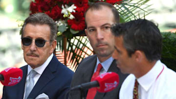 ANAHEIM, CA - OCTOBER 22: Owner Arte Moreno and general manager Billy Eppler look on as Brad Ausmus, new manager of the Los Angeles Angels of Anaheim answers questions during a press conference at Angel Stadium on October 22, 2018 in Anaheim, California. (Photo by Jayne Kamin-Oncea/Getty Images)
