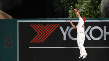 ANAHEIM, CALIFORNIA - APRIL 08: Mike Trout #27 of the Los Angeles Angels catches a fly ball hit by Christian Yelich #22 of the Milwaukee Brewers during the second inning of a game at Angel Stadium of Anaheim on April 08, 2019 in Anaheim, California. (Photo by Sean M. Haffey/Getty Images)