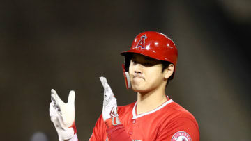 OAKLAND, CALIFORNIA - MAY 28: Shohei Ohtani #17 of the Los Angeles Angels reacts after hitting a single that scored two runs in the ninth inning against the Oakland Athletics at Oakland-Alameda County Coliseum on May 28, 2019 in Oakland, California. (Photo by Ezra Shaw/Getty Images)